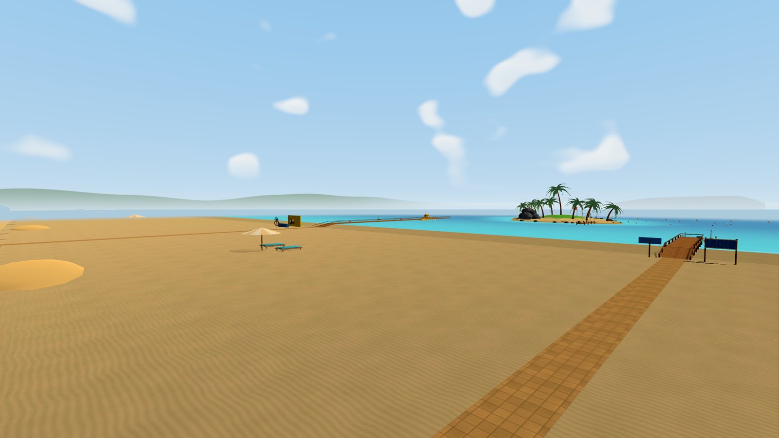 Het strand met het eiland en de ballonnen